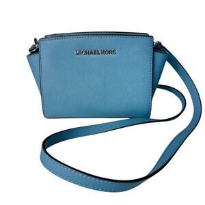 Michael Kors Bag Selma Mini Crossbody Purse Leather Structured Light Blue